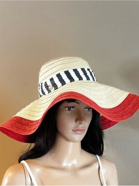 Juicy Couture Nautical Red Coral & White Wide Brim Straw Sun Hat